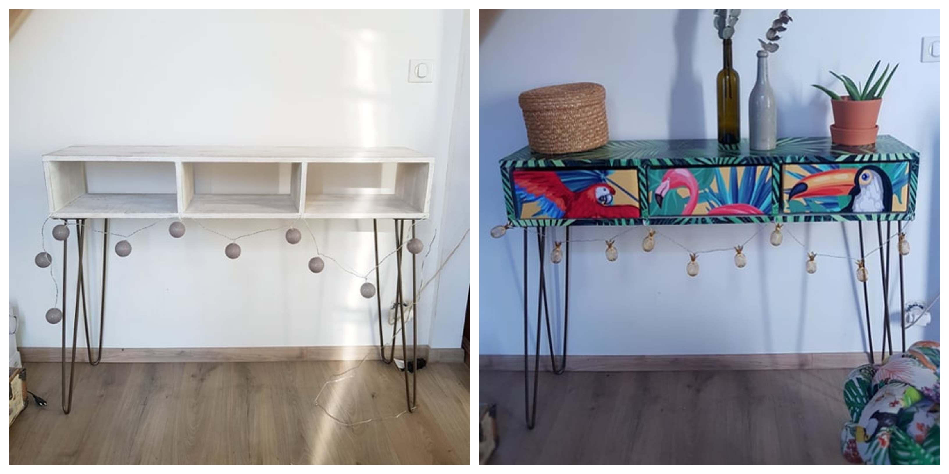 DIY déco : une console habillée de stickers muraux & tiroirs en carton avant-apres-stickers-muraux