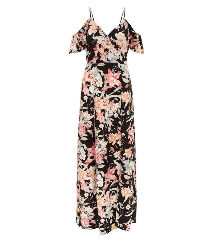 robe-longue-noire-à-imprimé-floral-et-épaules-dénudées-